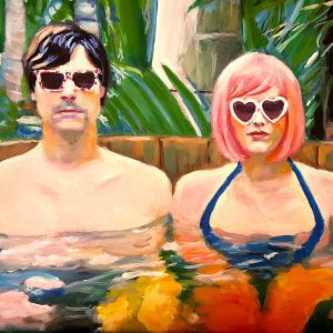 Dos personajes serios con gafas de sol en un jacuzzi. Al fondo vegetación tropical