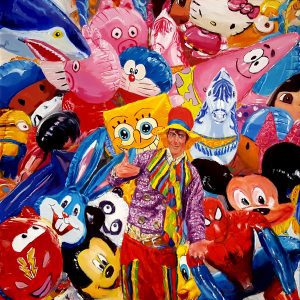 Cuadro al óleo con personaje en primer plano disfrazado de clown y todo el fondo cubierto por globos que representan personajes de comic y animación