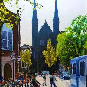 Cuadro al óleo de una calle de Amsterdam con diferentes personas en bicicleta y un tranvía a la derecha. Al fondo la silueta de una iglesia